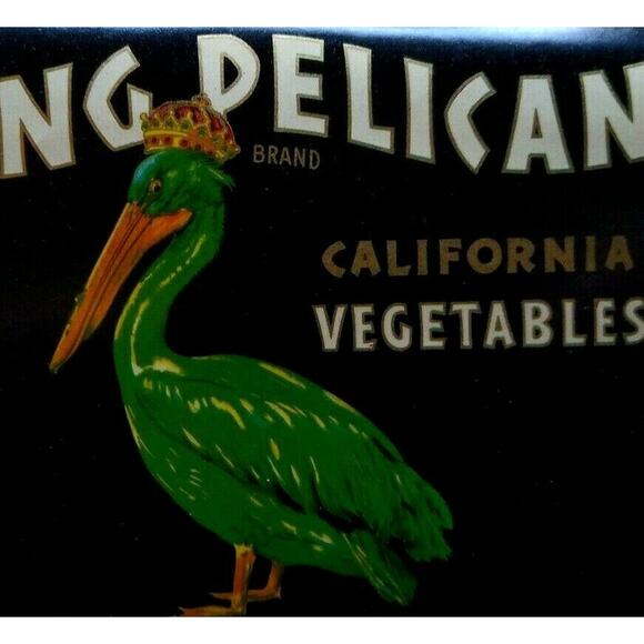 King Pelican Humanized With Crown Vegetable Crate Label Vintage Original 1930's - Picture 1 of 3